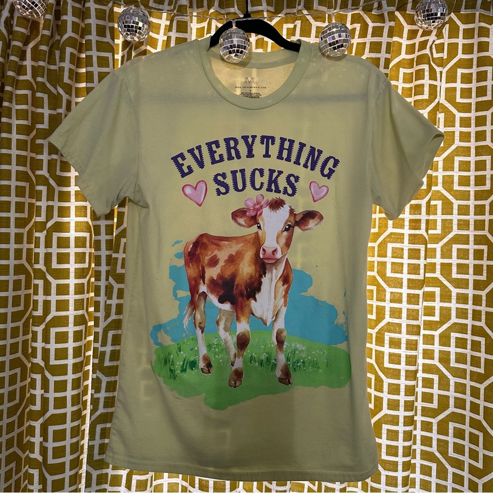 Green Graphic Tee with Cow Print